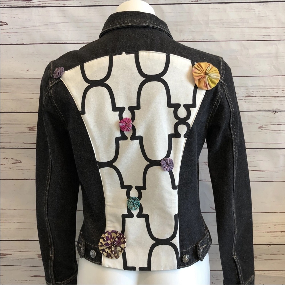 XOXO Handmade Custom Denim Blue Jean Jacket SMALL Floral Detail Button Front